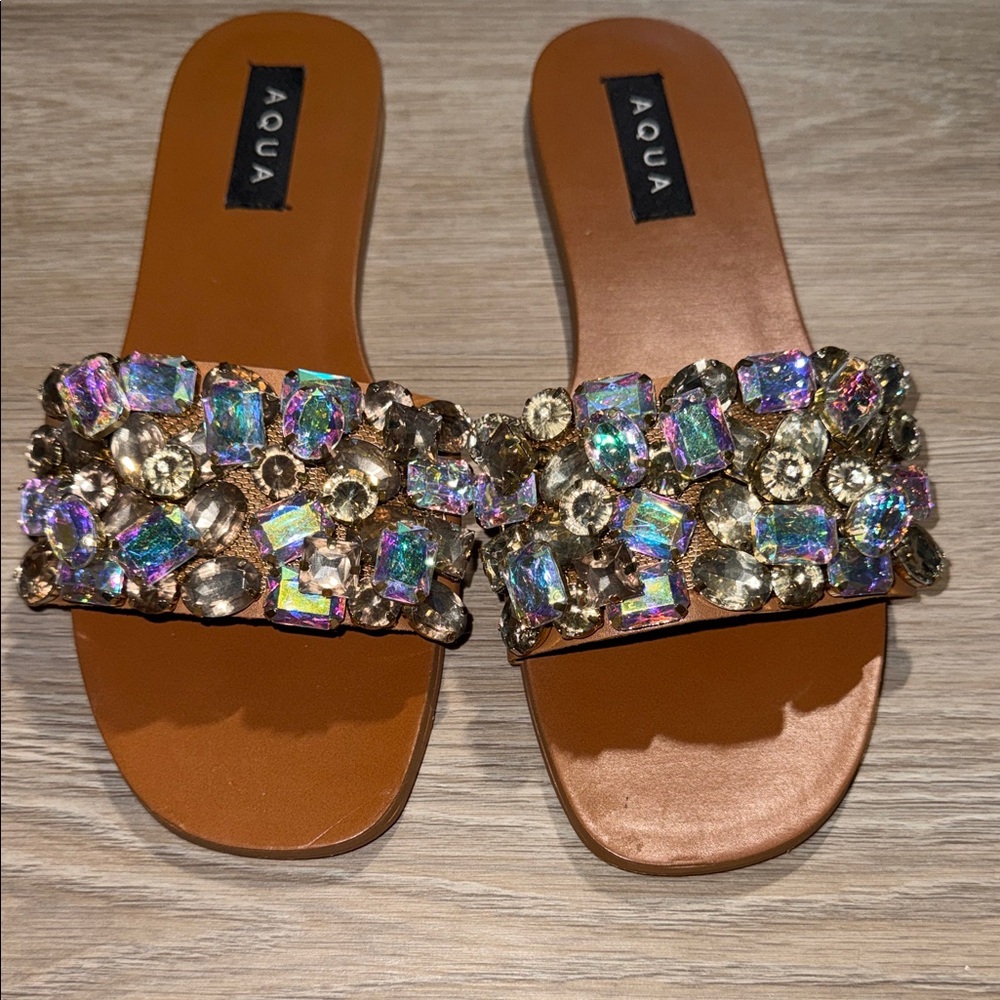 Aqua Jeweled Slide Sandals in Brown with Iridescent Crystals